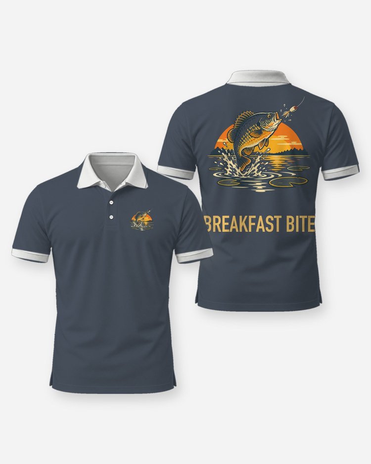 Breakfast Bite Retro Bass Popper Sunrise Fishing Shirt - Polo
