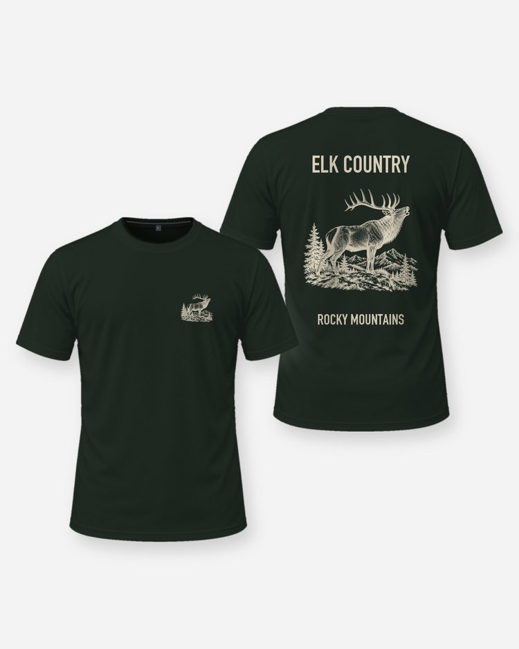 Elk Country Rocky Mountains Bugling Bull Elk Hunting Shirt - front and back