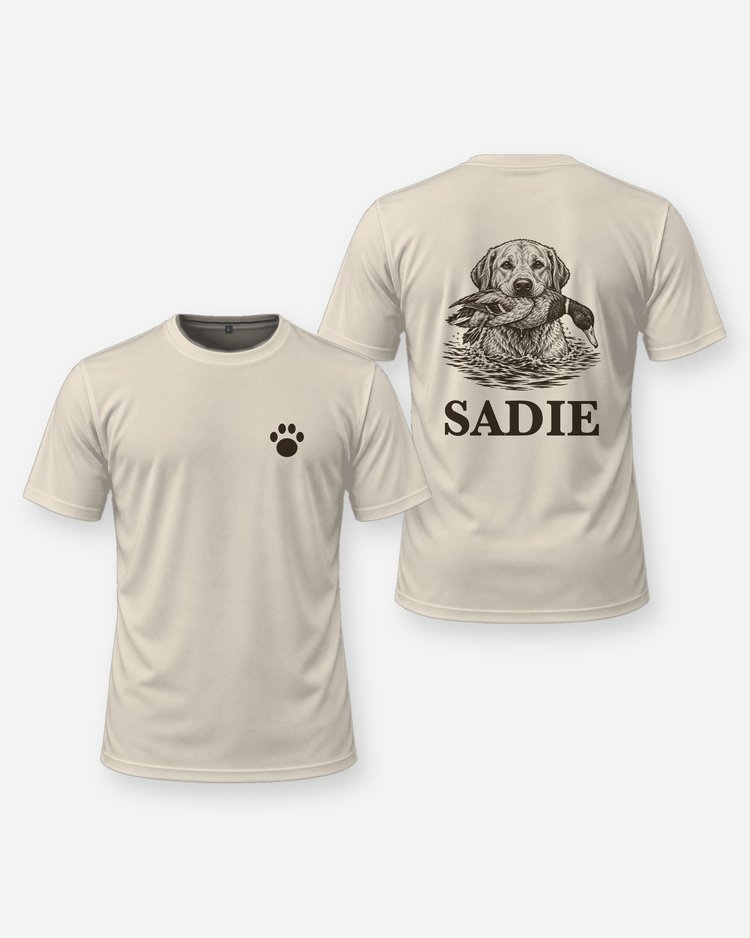 Custom Dog Name Lab Duck Retrieve Woodcut Shirt - front and back