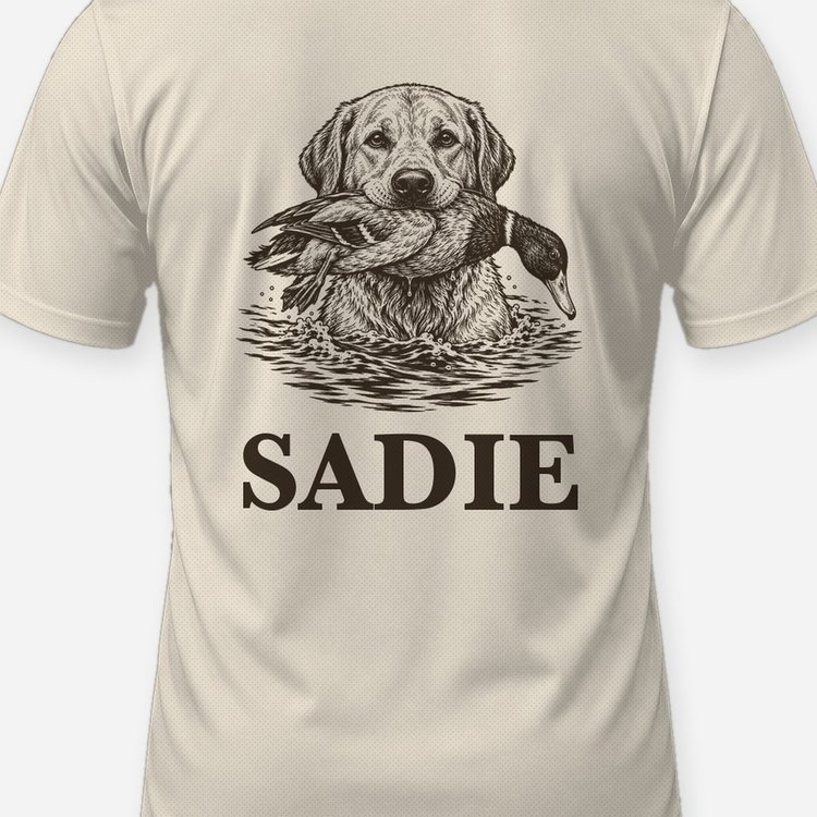 Custom Dog Name Lab Duck Retrieve Woodcut Shirt - print close-up