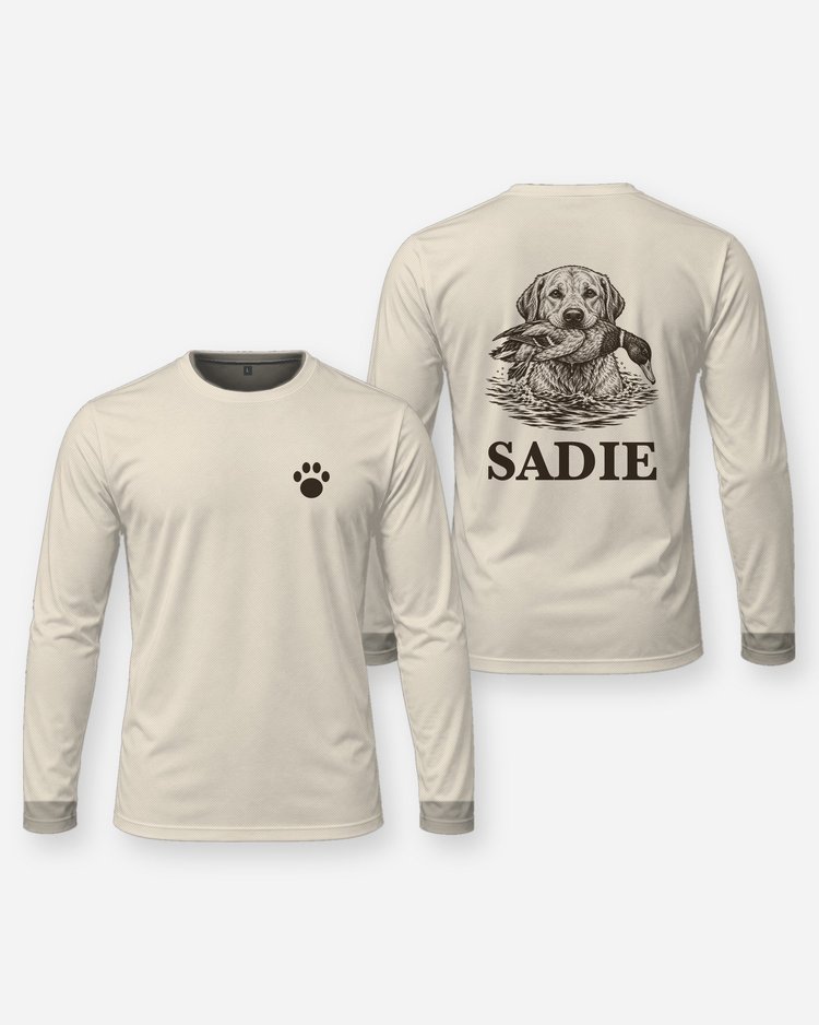 Custom Dog Name Lab Duck Retrieve Woodcut Shirt - Long Sleeve