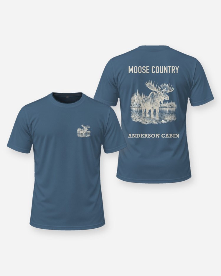 Moose Country Custom Cabin Name Woodcut Shirt - front and back