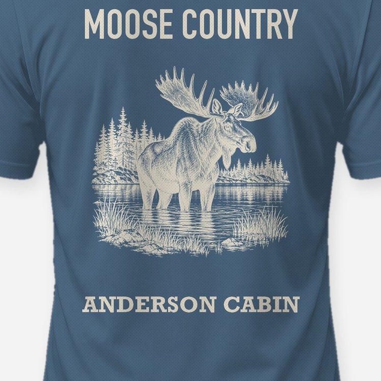 Moose Country Custom Cabin Name Woodcut Shirt - print close-up