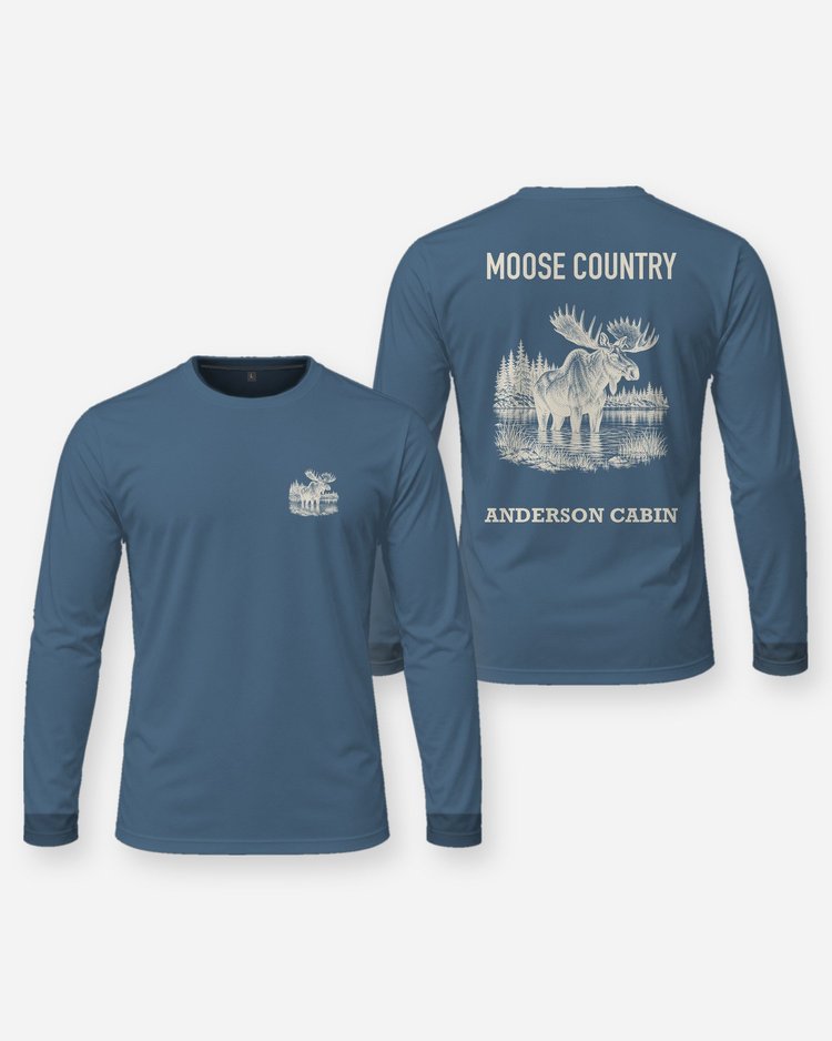 Moose Country Custom Cabin Name Woodcut Shirt - Long Sleeve
