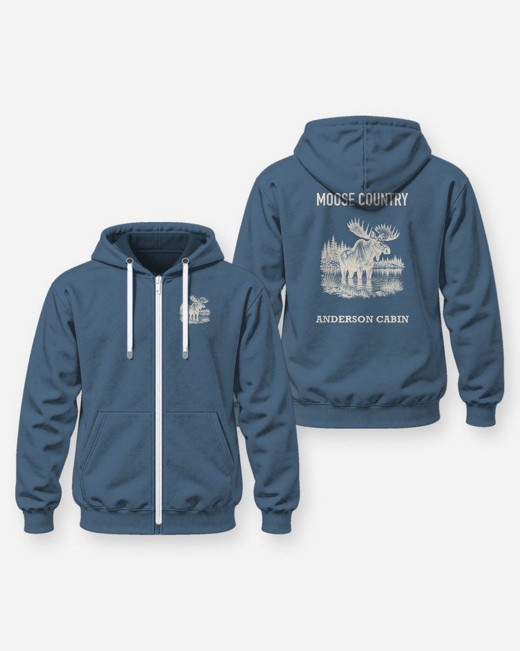 Moose Country Custom Cabin Name Woodcut Shirt - Zip Hoodie