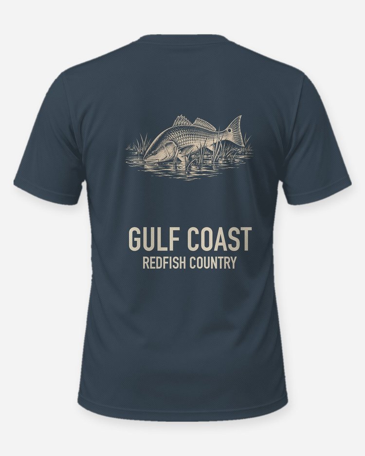 Gulf Coast Redfish Country Woodcut Fishing Shirt - back