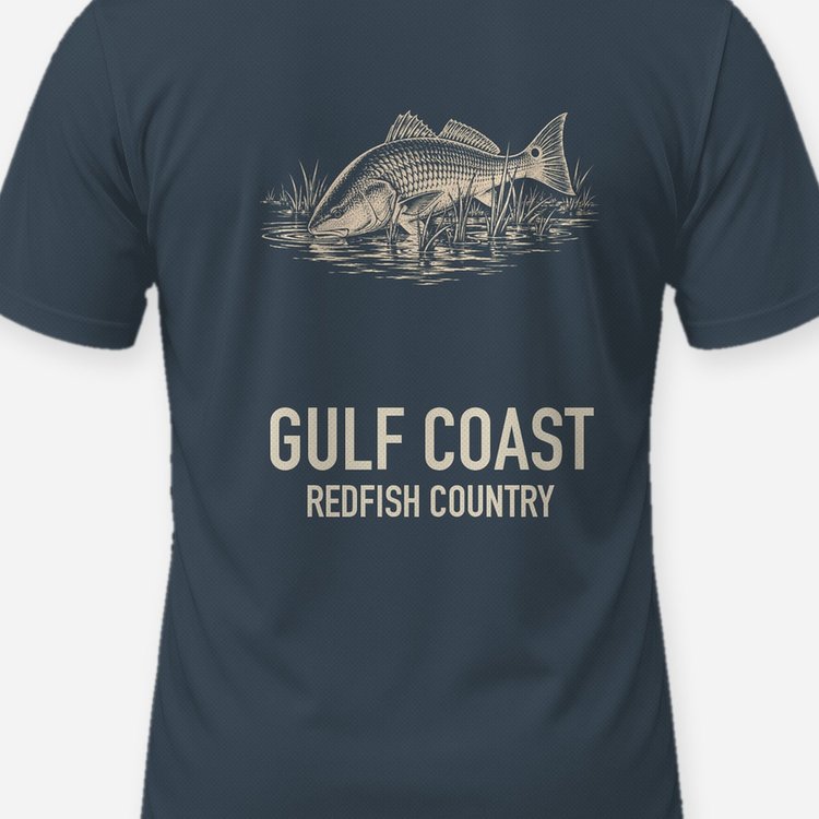 Gulf Coast Redfish Country Woodcut Fishing Shirt - print close-up
