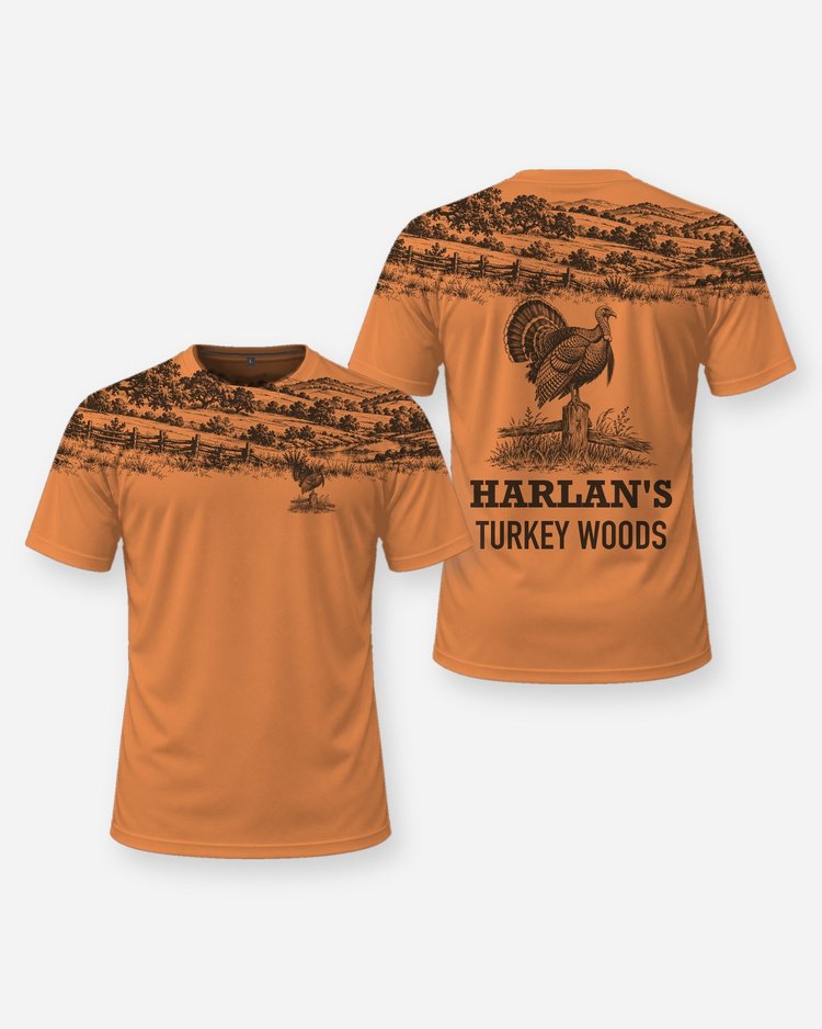 Custom Name Turkey Woods Oak Ridge Yoke Turkey Hunting Shirt - front and back