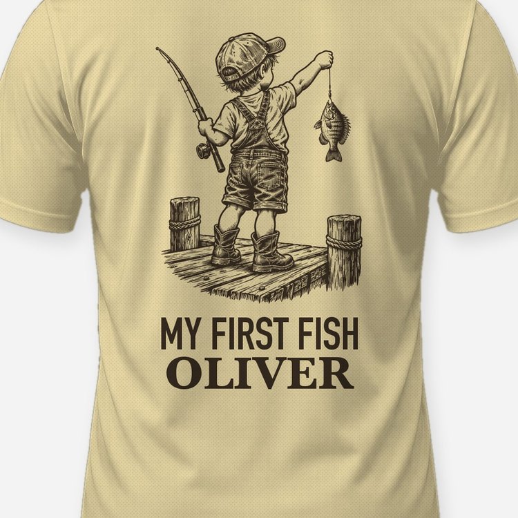 My First Fish Custom Kid Name Dock Fishing Shirt - print close-up