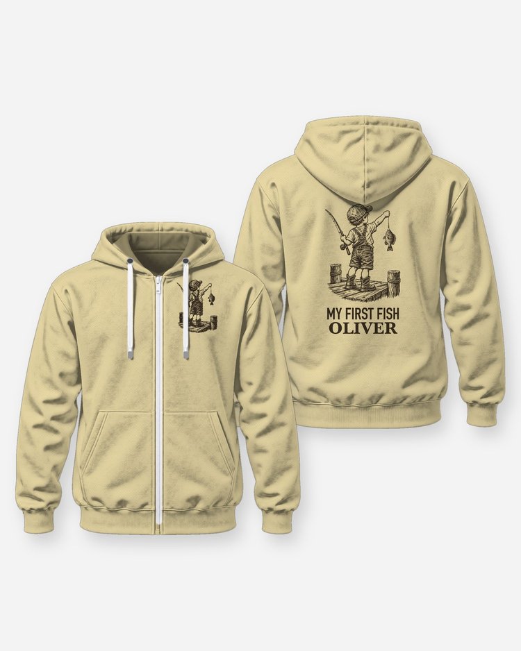 My First Fish Custom Kid Name Dock Fishing Shirt - Zip Hoodie