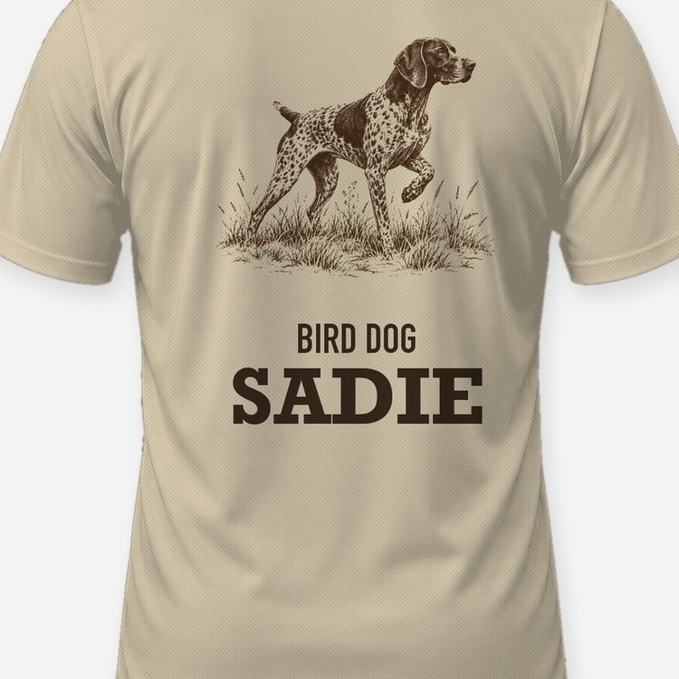 Custom Dog Name Bird Dog Shorthair Pointer Woodcut Shirt - print close-up