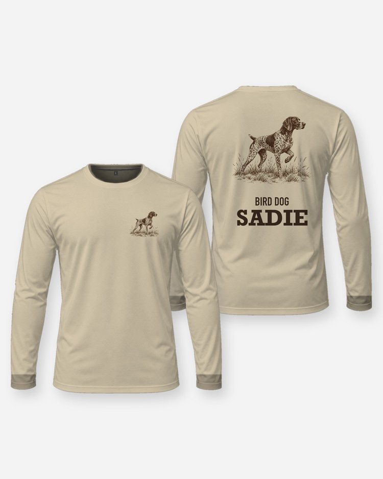 Custom Dog Name Bird Dog Shorthair Pointer Woodcut Shirt - Long Sleeve