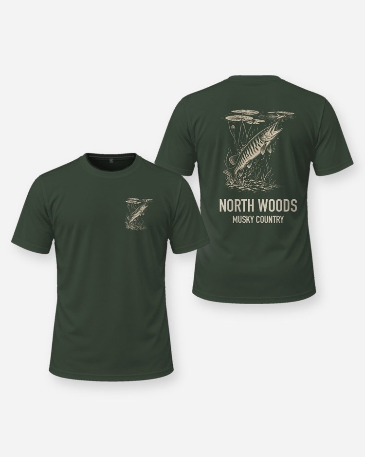 North Woods Musky Country Woodcut Fishing Shirt - front and back