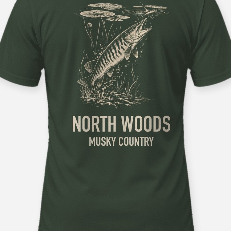North Woods Musky Country Woodcut Fishing Shirt - print close-up