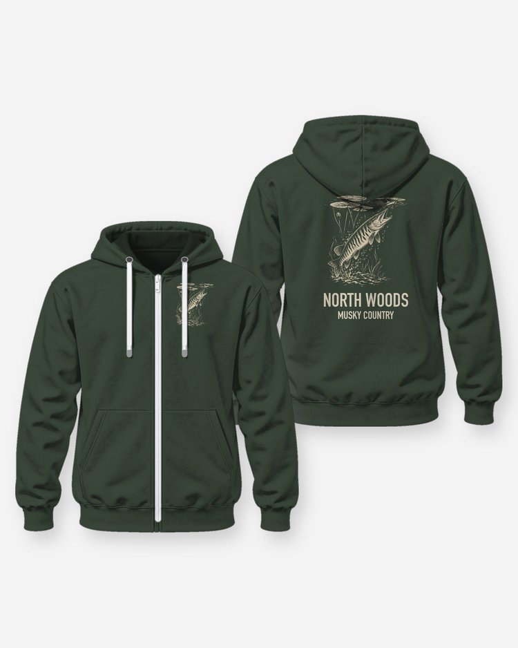 North Woods Musky Country Woodcut Fishing Shirt - Zip Hoodie
