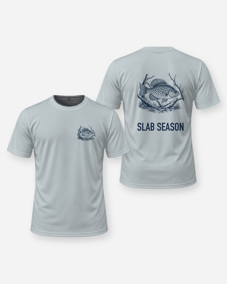 Slab Season Crappie Woodcut Fishing Shirt - front and back
