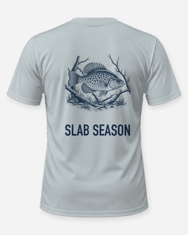 Slab Season Crappie Woodcut Fishing Shirt - back