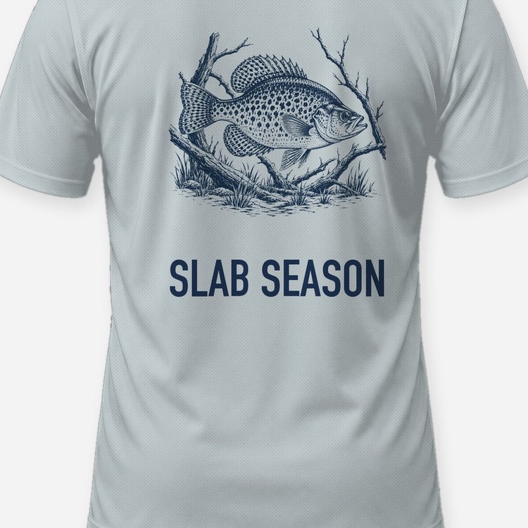 Slab Season Crappie Woodcut Fishing Shirt - print close-up