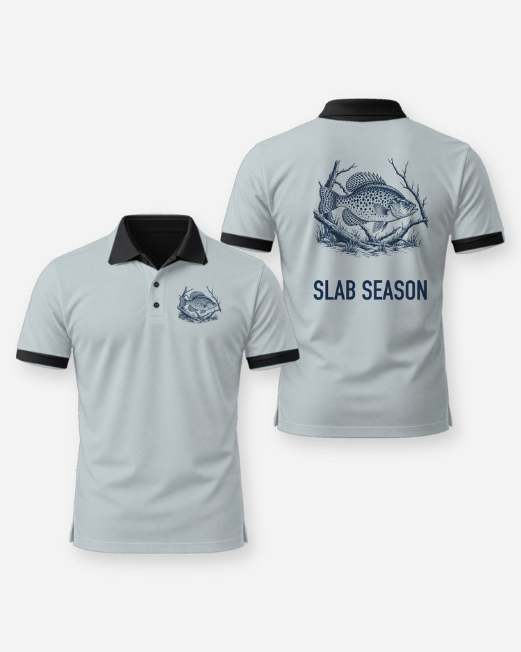 Slab Season Crappie Woodcut Fishing Shirt - Polo