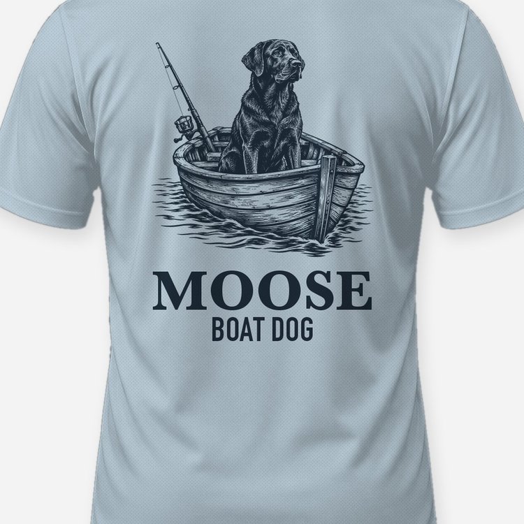 Custom Dog Name Chocolate Lab Boat Dog Fishing Shirt - print close-up