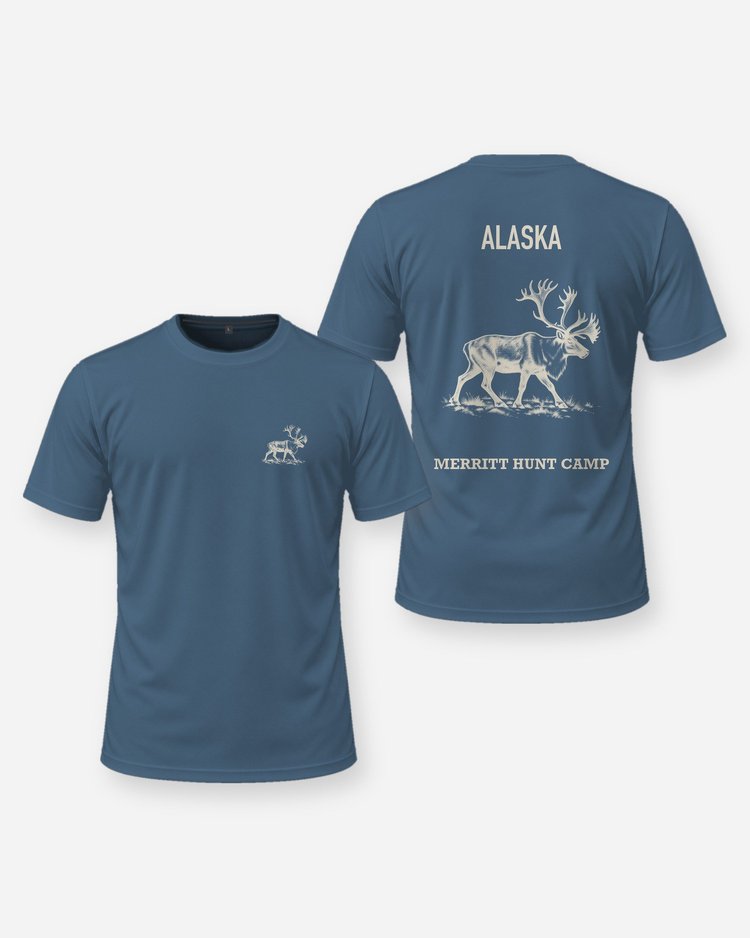 Custom Hunt Camp Name Caribou Alaska Woodcut Hunting Shirt - front and back
