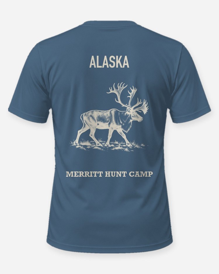 Custom Hunt Camp Name Caribou Alaska Woodcut Hunting Shirt - back