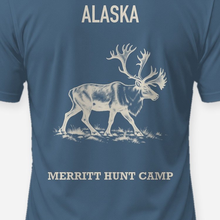 Custom Hunt Camp Name Caribou Alaska Woodcut Hunting Shirt - print close-up
