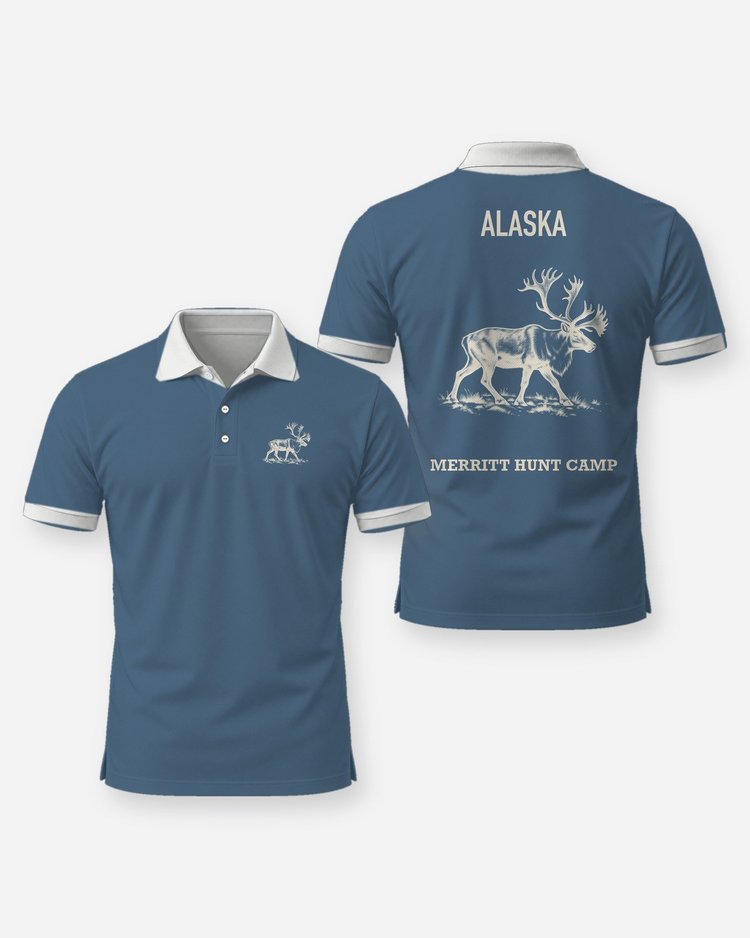 Custom Hunt Camp Name Caribou Alaska Woodcut Hunting Shirt - Polo