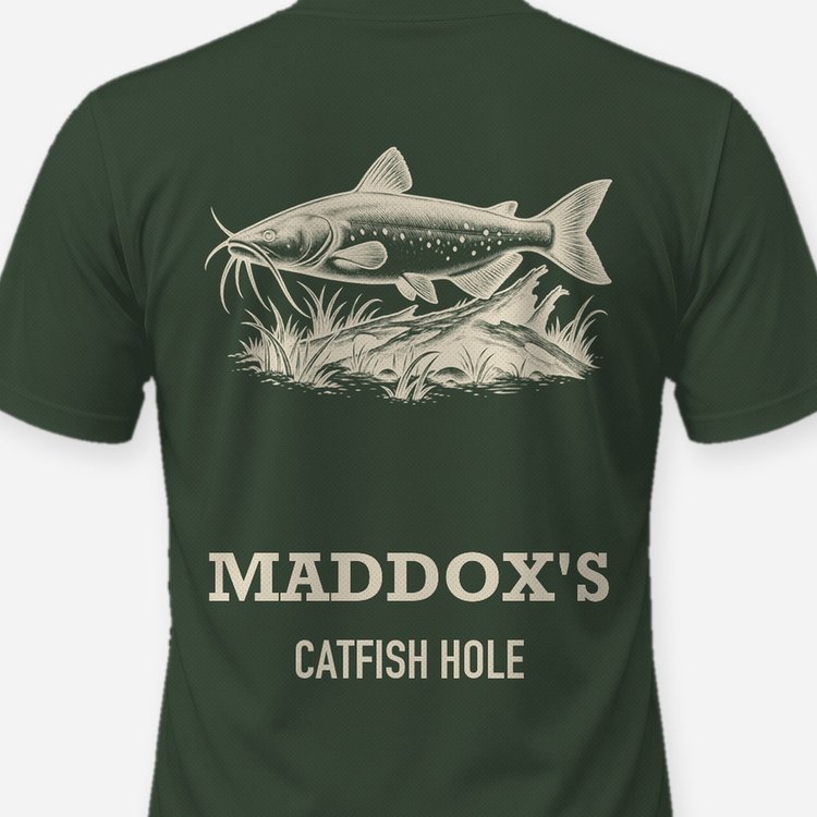Custom Name Catfish Hole Channel Catfish Woodcut Shirt - print close-up