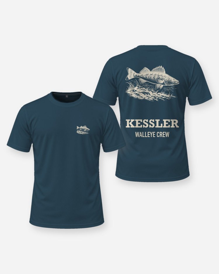 Custom Name Walleye Crew Rocky Reef Woodcut Fishing Shirt - front and back