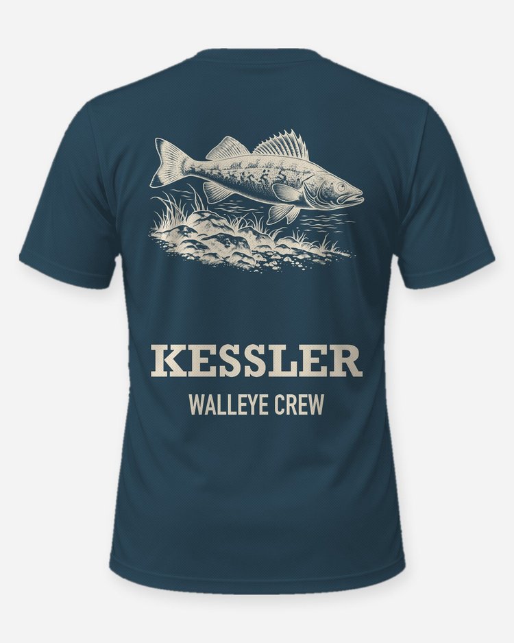 Custom Name Walleye Crew Rocky Reef Woodcut Fishing Shirt - back