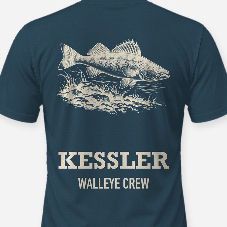 Custom Name Walleye Crew Rocky Reef Woodcut Fishing Shirt - print close-up