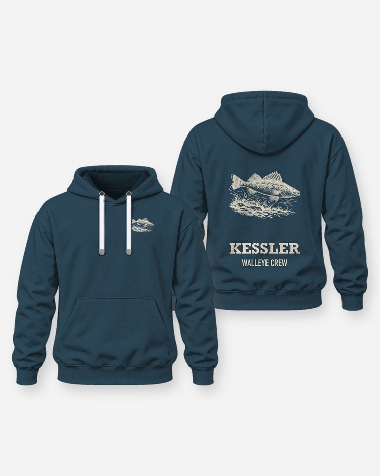 Custom Name Walleye Crew Rocky Reef Woodcut Fishing Shirt - Hoodie