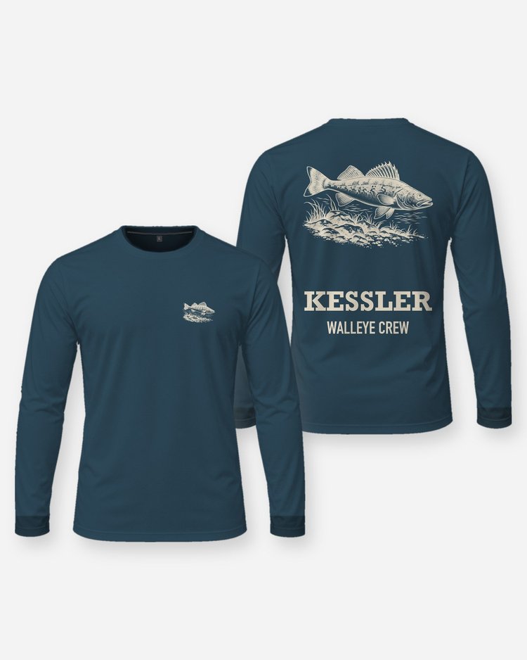 Custom Name Walleye Crew Rocky Reef Woodcut Fishing Shirt - Long Sleeve