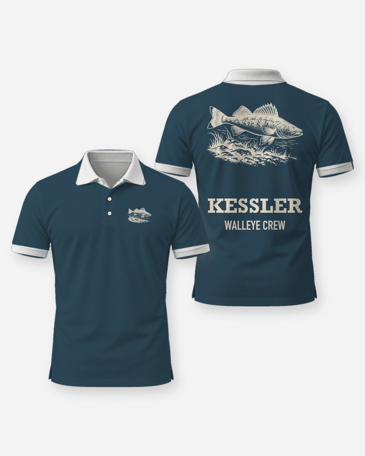 Custom Name Walleye Crew Rocky Reef Woodcut Fishing Shirt - Polo
