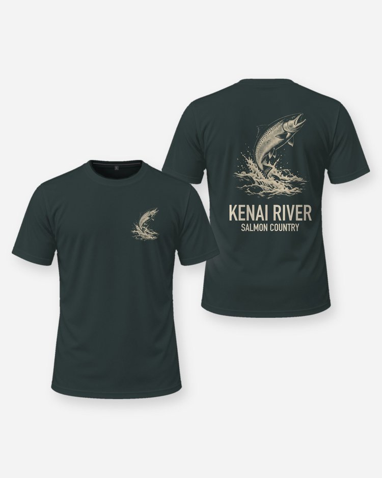Custom River Name Salmon Country Woodcut Fishing Shirt - front and back