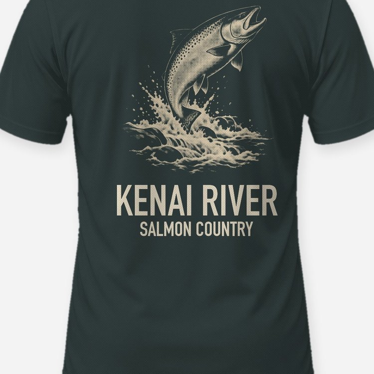 Custom River Name Salmon Country Woodcut Fishing Shirt - print close-up