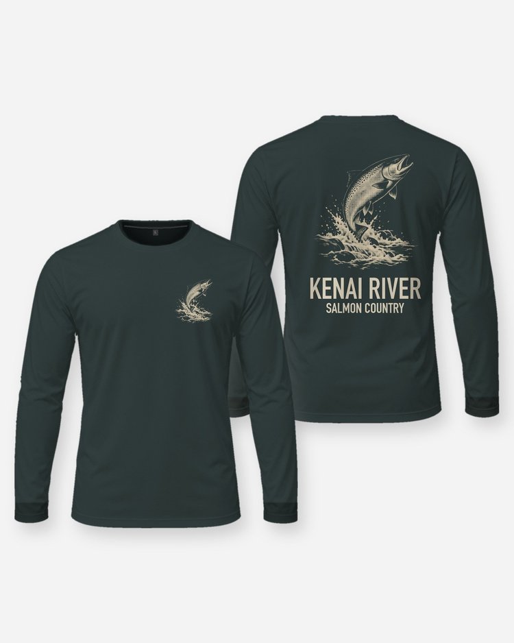 Custom River Name Salmon Country Woodcut Fishing Shirt - Long Sleeve