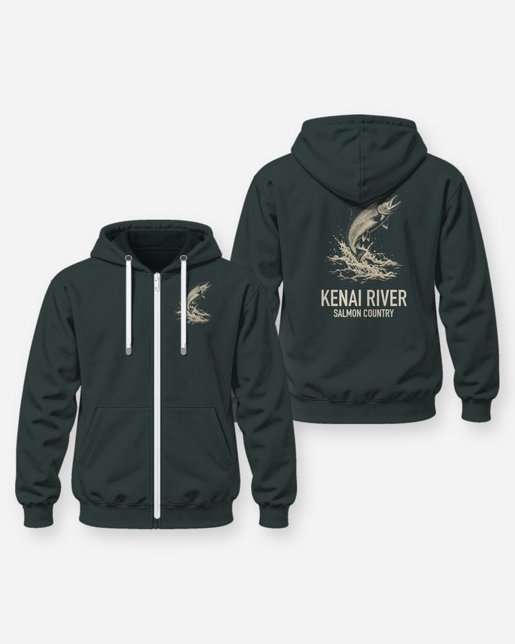Custom River Name Salmon Country Woodcut Fishing Shirt - Zip Hoodie