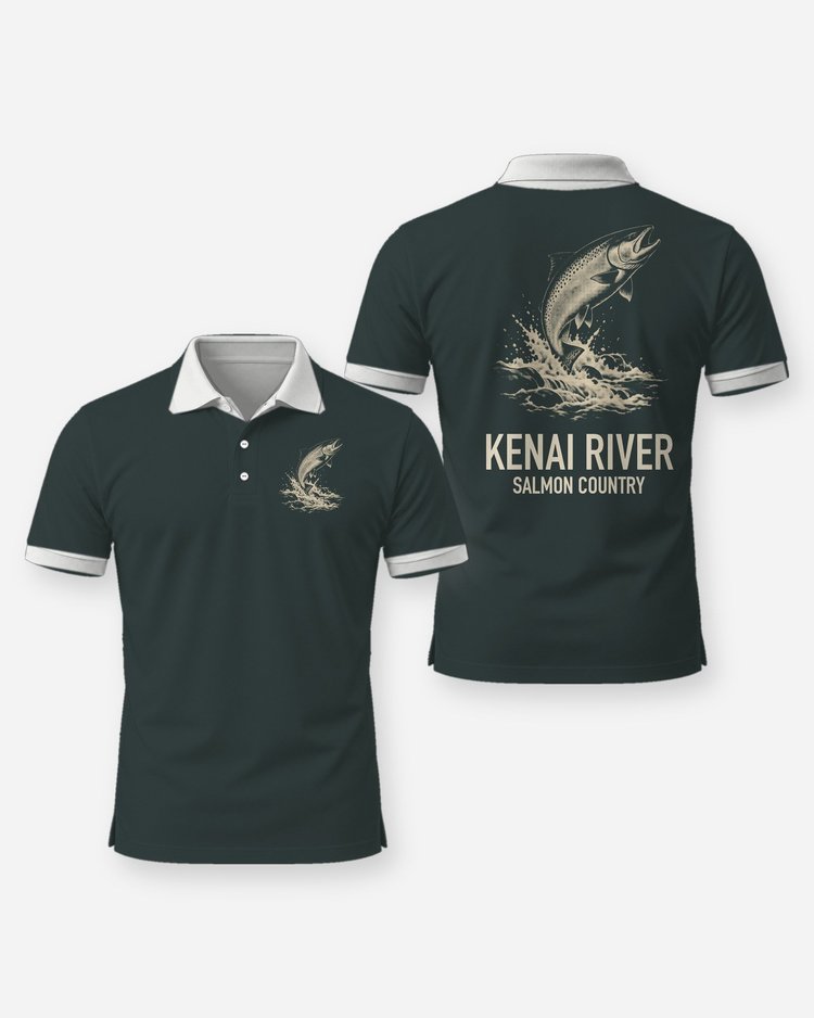 Custom River Name Salmon Country Woodcut Fishing Shirt - Polo
