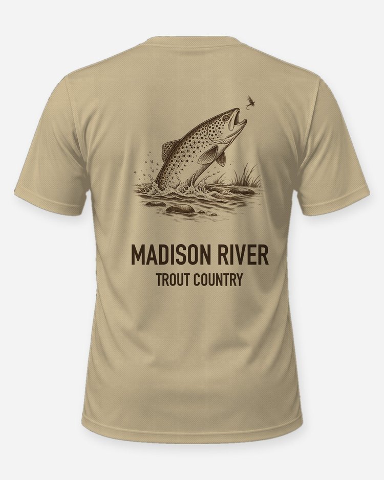 Custom River Name Brown Trout Country Woodcut Fly Fishing Shirt - back