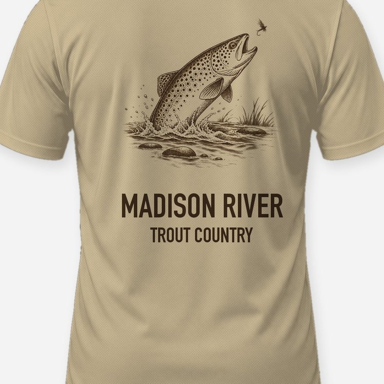 Custom River Name Brown Trout Country Woodcut Fly Fishing Shirt - print close-up