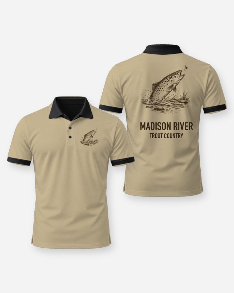 Custom River Name Brown Trout Country Woodcut Fly Fishing Shirt - Polo