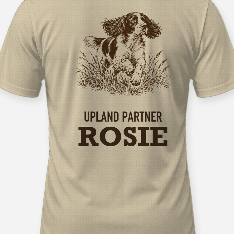 Custom Dog Name Upland Partner Springer Spaniel Woodcut Shirt - print close-up