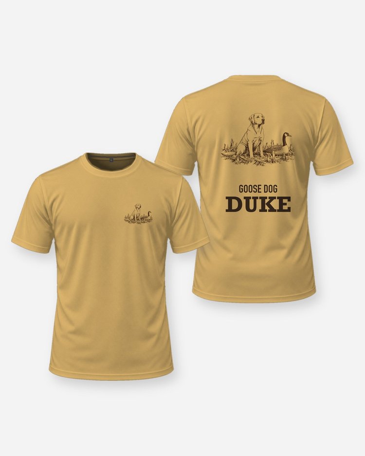 Custom Dog Name Goose Dog Yellow Lab Woodcut Hunting Shirt - front and back