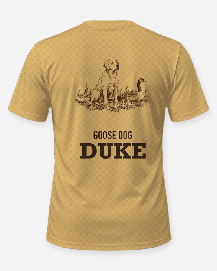 Custom Dog Name Goose Dog Yellow Lab Woodcut Hunting Shirt - back