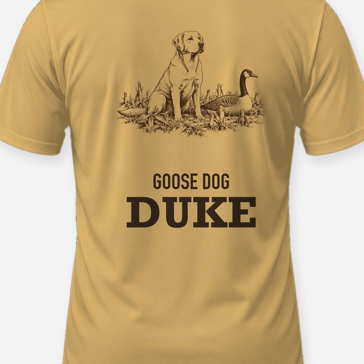 Custom Dog Name Goose Dog Yellow Lab Woodcut Hunting Shirt - print close-up