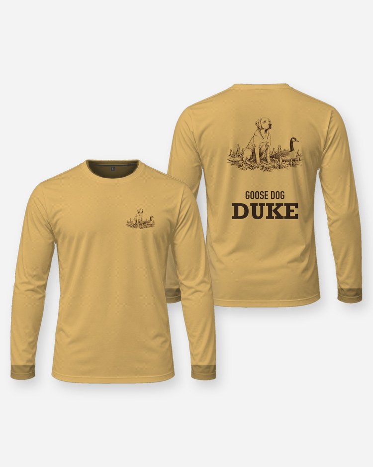 Custom Dog Name Goose Dog Yellow Lab Woodcut Hunting Shirt - Long Sleeve