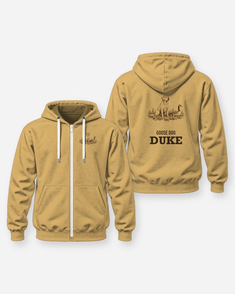 Custom Dog Name Goose Dog Yellow Lab Woodcut Hunting Shirt - Zip Hoodie
