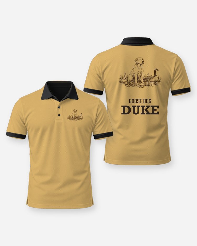 Custom Dog Name Goose Dog Yellow Lab Woodcut Hunting Shirt - Polo